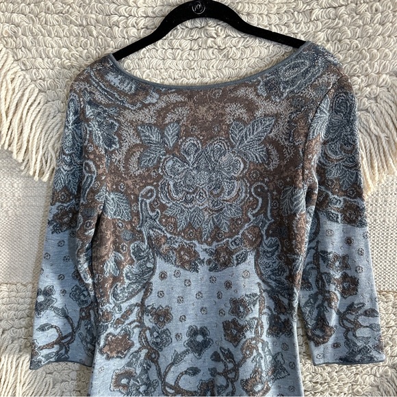 PERUVIAN CONNECTION blue and brown paisley pima cotton midi sweater dress S - Picture 8 of 9